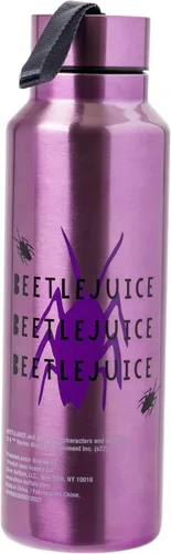 Vista 2 de Silver Buffalo Beetlejuice - Botella de agua de acero inoxidable con correa "Say it Three Times" con gusano de arena, 27 onzas