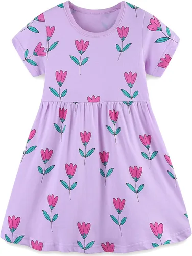 Vista 11 de Bumeex - Vestidos de verano para niñas pequeñas, de algodón, estampado de caricatura, manga corta, vestidos casuales para niñas, vestidos de sol