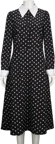 Vista 2 de FOGHORN Wednesday Addams Costume for Adult Women Kids Girls Long Sleeve Peter Pan Collar Black Dress Halloween Night Costume