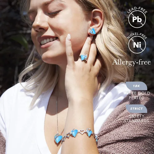 Vista 4 de Leafael Infinity Love - Juego de joyas de corazón Collar con colgante, pulsera de eslabones y anillo ajustable de corazón de cristal con ópalo azul