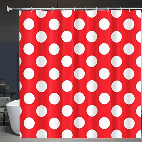 Vista 3 de Juego de cortinas de ducha con diseño de lunares, color rojo y blanco 22