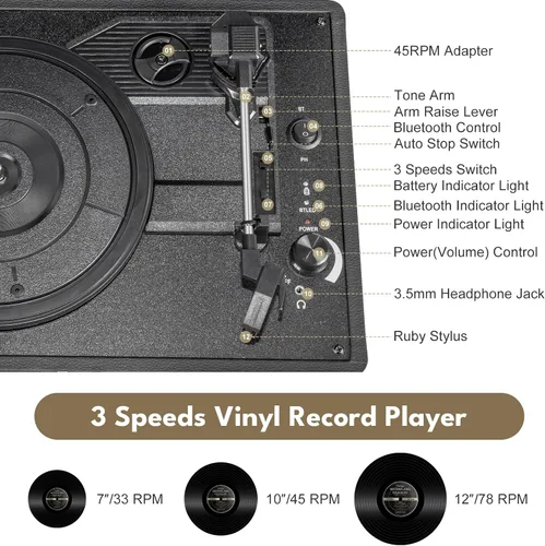 Vista 3 de Tocadiscos de vinilo portátil de 3 velocidades con Bluetooth con batería recargable, diseño retro de maleta, salida de línea Aux in/RCA y puertos