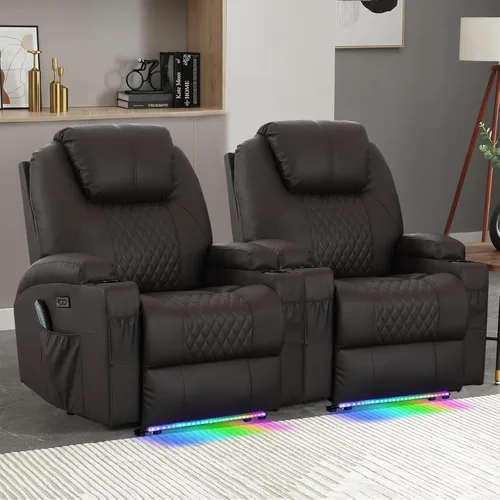 Vista 10 de Silla reclinable eléctrica con calor y masaje para adultos, asiento reclinable eléctrico de cine en casa con luces LED, portavasos, bolsillo