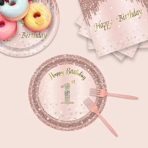 Vista 4 de 24 juegos de decoración de cumpleaños de oro rosa para niñas 1 juego de platos y servilletas y tenedores suministros de fiesta para niños de 1 año