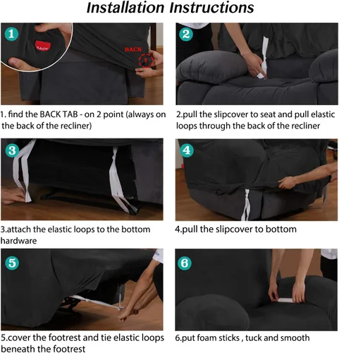 Vista 5 de Turquoize Fundas de terciopelo para sillón reclinable con bolsillo, 1 funda de terciopelo para muebles reclinables con parte inferior elástica Negro