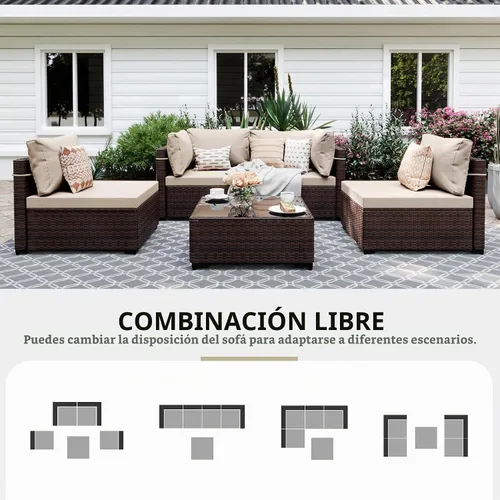 Vista 4 de UPHA Juego de muebles de mimbre para patio de 5 piezas con mesa auxiliar Cojín de ratán marrón y beige
