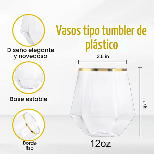 Vista 2 de LUODA Juego de 24 copas de vino de plástico con forma de diamante dorado, desechables, de 12 onzas, para cumpleaños, inauguración de la casa y bodas