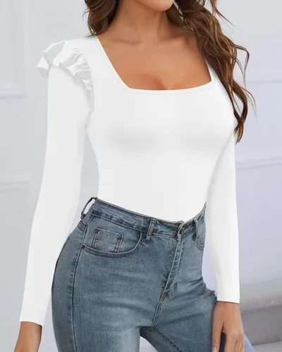 Vista 3 de ALGALAROUND Body básico de manga larga con cuello cuadrado para mujer, ajuste entallado