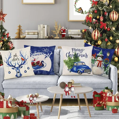 Vista 6 de Coliuso Fundas de Almohadas Decorativas Azules de Navidad 16x16 Juego de 4 Serie Navideña Fundas de Cojines Navideños Decoraciones de Navidad