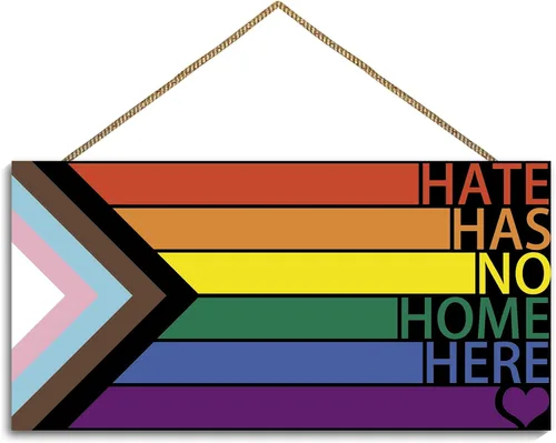 Vista 9 de Letrero LGBT de arco iris para puerta delantera, decoración de pared de madera con texto en inglés "Every One Is Welcome Here