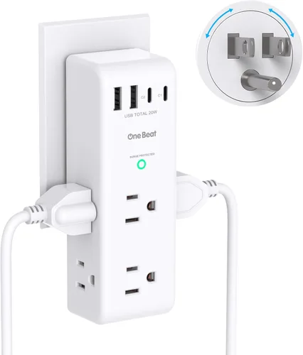 Vista 8 de Extensor de salida con protector de sobretensiones con enchufe giratorio, 6 tomas de corriente alterna con 3 puertos USB (2 USB C), cargador
