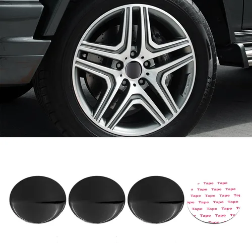Vista 2 de 4 piezas adhesivas personalizadas de 63 mm, emblema circular plano negro brillante para tapas centrales de rueda de coche