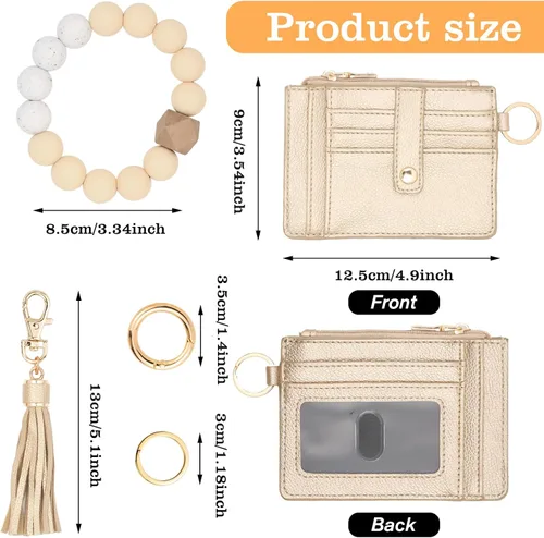 Vista 3 de KNGITRYI Cartera llavero pulsera para mujer, delgado RFID tarjeta de crédito, monedero, borla llavero brazalete para hombres y mujeres, Dorado, Rfid