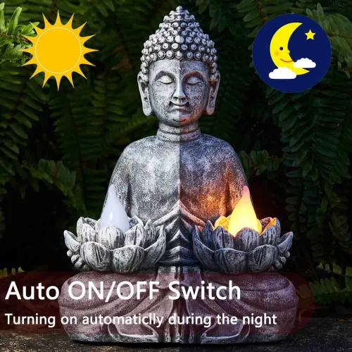 Vista 3 de Estatua Solar de Buda - Escultura Zen para Exteriores con Luz LED de Loto Parpadeante - Regalo de Decoración de Jardín Impermeable - 11.81 Pulgadas