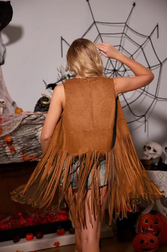 Vista 5 de HOTOUCH Women Fringe Vest 70s Hippie Costume Faux Suede Sleeveless Tassels Cardigan Cowgirl Western Tops