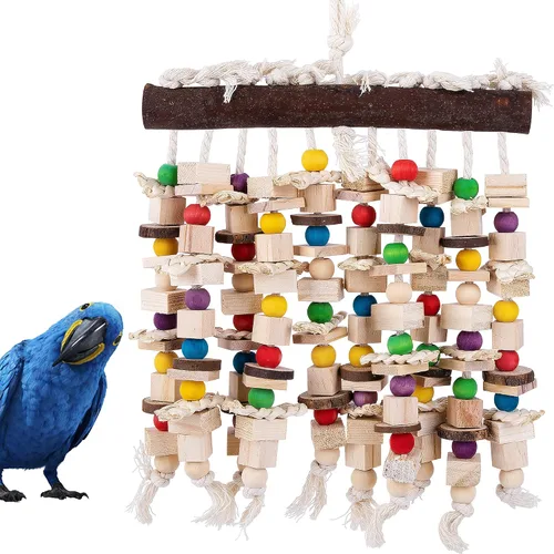 Vista 6 de Deloky Juguete masticable grande para pájaros, bloques de madera natural multicolor, juguetes para desgarrar loros de pájaros, sugeridos