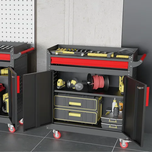 Vista 2 de Armario Kelueo de metal para almacenamiento de garaje con ruedas, armarios de almacenamiento con cerradura y estante ajustable, casillero