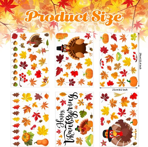 Vista 2 de Eersida 142 calcomanías de pared de Acción de Gracias, pavo, calcomanías de pared de hojas de otoño, calcomanías de pavo y hojas de arce, decoración