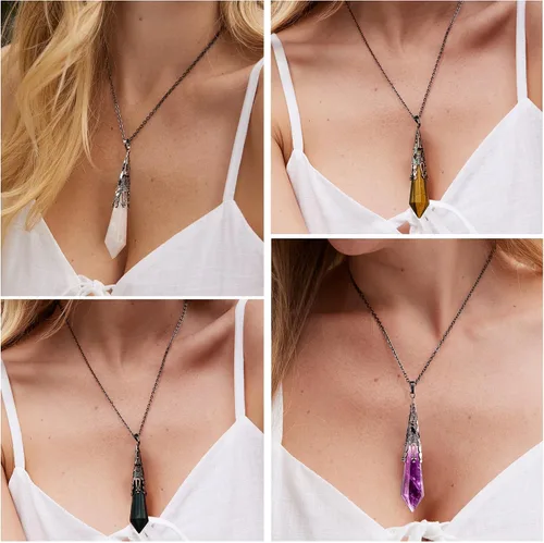 Vista 2 de Bivei Collar de chakra de latón antiguo retro con 12 prismas hechos de prisma con piedras preciosas de cuarzo y piedra curativa
