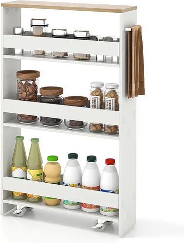 Vista 12 de COSTWAY Carrito de almacenamiento delgado y rodante, carrito utilitario rodante de 4 niveles, carrito de almacenamiento de cocina de madera con asa