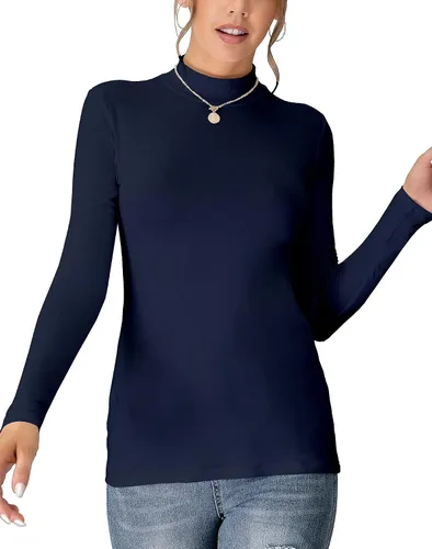 Vista 11 de Camiseta Top sin Mangas de Manga Larga para Mujer, Cuello de Tortuga Simulado, Básica, Ajuste Elástico, Suéter Ligero, Camisa Entallada Verde militar