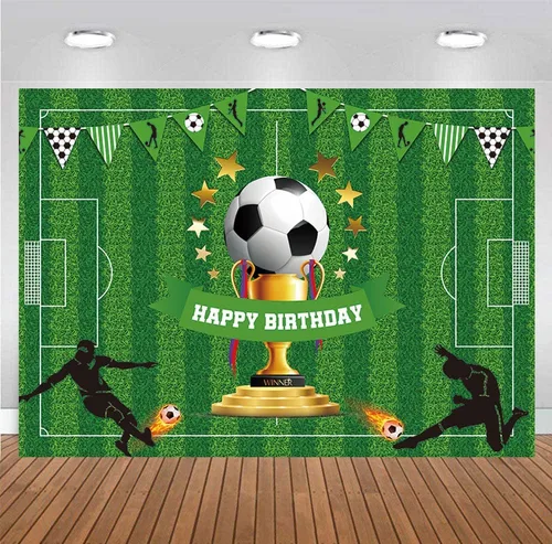 Vista 4 de Cartel de fondo de feliz cumpleaños de fútbol de 5 x 3 pies, decoraciones de fiesta temática deportiva para niños y niños, suministros de fiesta