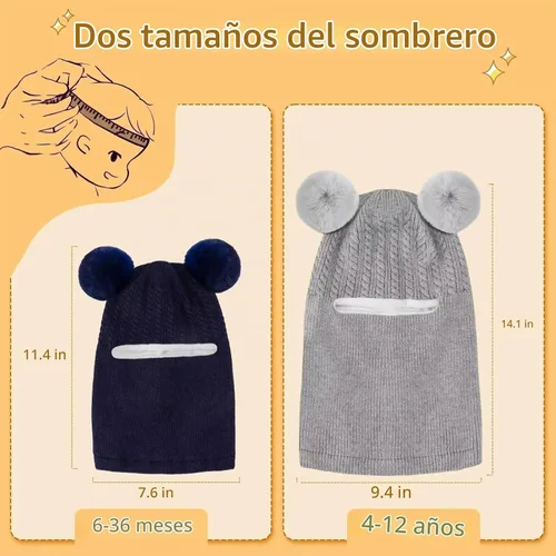 Vista 4 de Conjunto de 2 gorros de invierno para bebé, gorro para niño con calentador de cuello, gorro de punto cálido para clima frío Negro y gris