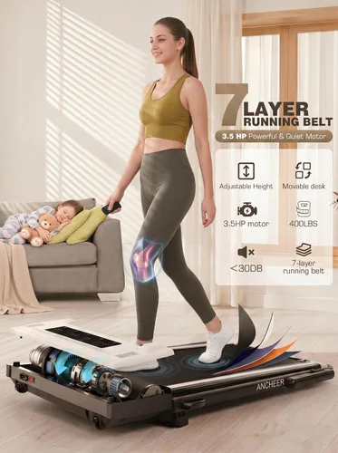 Vista 5 de ANCHEER Cinta de correr con inclinación del 12%/15%, almohadilla plegable con barra de asa, capacidad de 320-450 libras debajo del escritorio