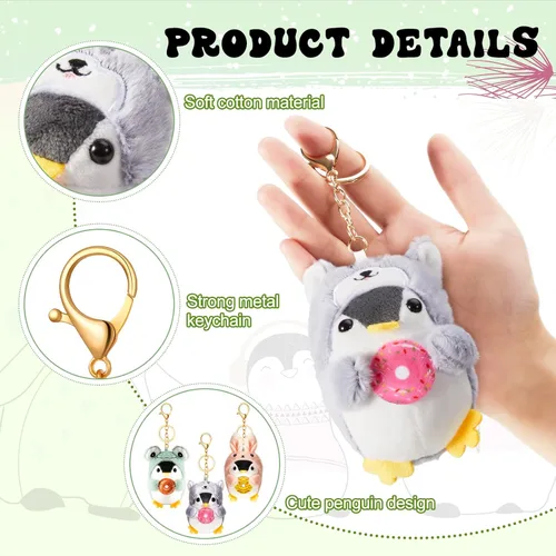 Vista 2 de Kigeli 3 llaveros de pingüino de peluche, diseño de animales de peluche, diseño de rana, conejo, perro, bonito colgante de animal para regalo