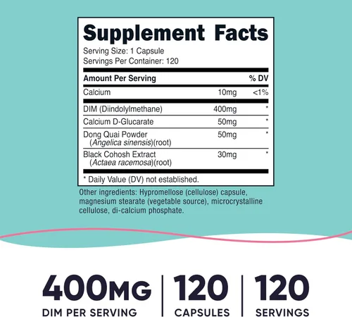 Vista 2 de Nutricost Suplemento DIM de diindolilmetano para mujeres de 400 mg, 120 cápsulas, con Dong Quai, calcio y cohosh negro, vegano, sin OMG y sin gluten