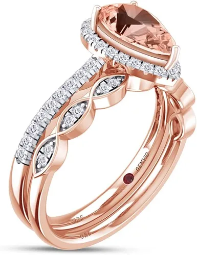 Vista 3 de Anillo de compromiso con diamantes blancos naturales y piedras preciosas de corte pera de 0.354 x 0.236 in en oro de 14 quilates sobre plata de ley