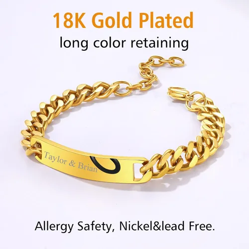 Vista 4 de FindChic Pulseras de identificación con barra de nombre personalizadas para hombres y mujeres, chapados en oro de 18 quilates, acero inoxidable