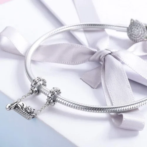 Vista 3 de Abalorios de la suerte de animales para pulseras de plata de ley 925, abalorios de cumpleaños de Navidad para pulseras (dijes de gato), Plata