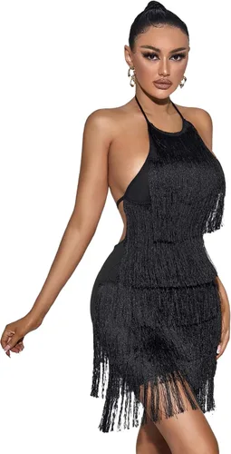 Vista 3 de SheIn Vestido corto sin mangas con flecos sin espalda sin mangas con borlas para mujer