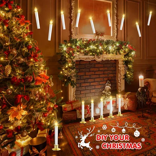 Vista 5 de Paquete de 10 Velas LED para Ventana de Navidad, Velas Sin Llama Operadas con Batería con Control Remoto y Temporizador, Portavelas Dorados, Velas