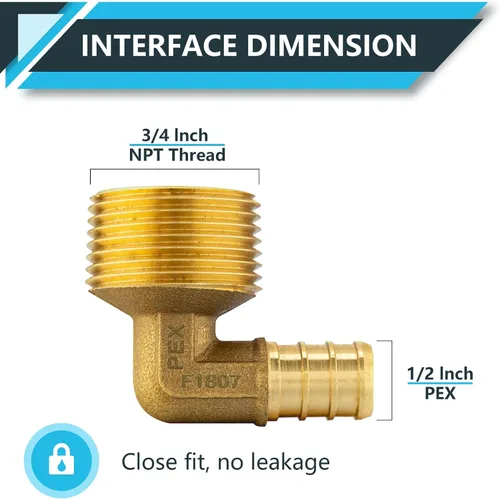 Vista 2 de Paquete de 5 accesorios PEX, adaptador de codo NPT roscado macho Pex de 1/2 pulgadas x 3/4 pulgadas, accesorios de engarce de latón, para tubería