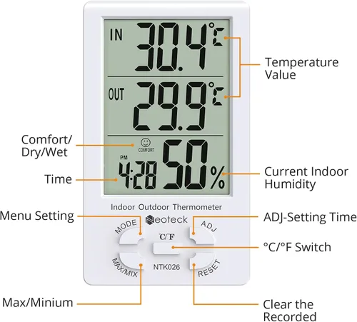 Vista 10 de Neoteck 2 en 1 termómetro higrómetro con reloj pantalla LCD 4.9 ft sensor cable ± 1°/5% High Accuracy Digital Humidity Temperature Meter with