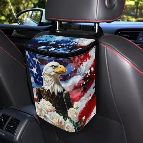 Vista 25 de Talayituse Cubo de basura portátil con estampado de camuflaje de bandera estadounidense, accesorios interiores de vehículos multifuncionales