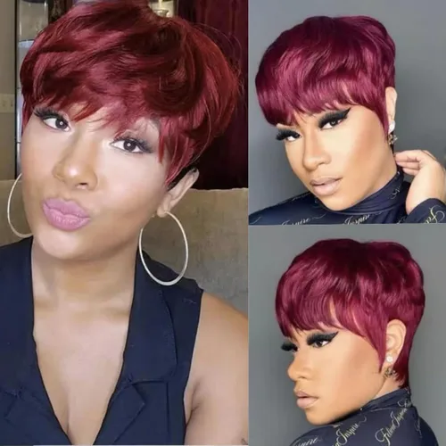 Vista 10 de Pelucas cortas de cabello humano estilo Pixie para mujeres negras, cabello brasileño virgen, corte natural marrón, sin pegamento, con flequillo
