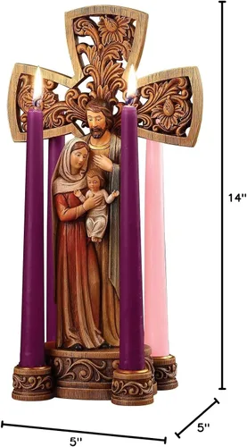 Vista 3 de Avalon Gallery Candelabro de resina esculpida de Adviento/Navidad, 13 pulgadas de alto x 5 pulgadas de ancho, cruz de la Santa Familia
