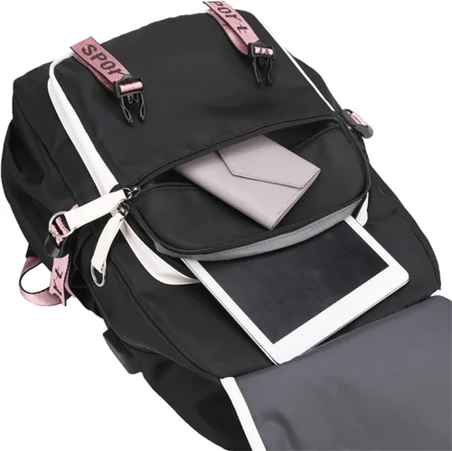 Vista 7 de Jotolan Mochila escolar impermeable para niñas adolescentes, bolsa de viaje con puerto de carga USB para estudiantes, Negro