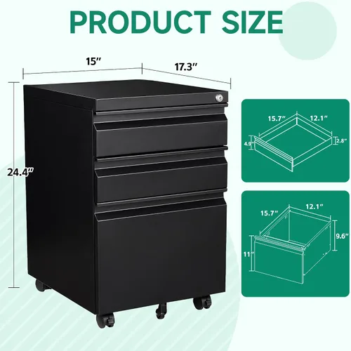 Vista 3 de Letaya Archivador móvil con cerradura, debajo del escritorio, con 3 cajones para oficina en casa, carta/legal/A4/F4 (negro, requiere instalación)