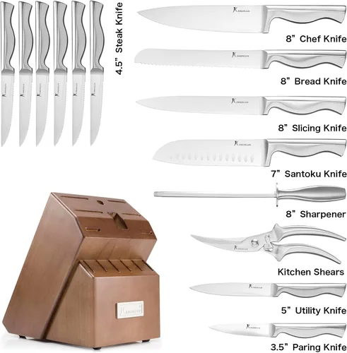 Vista 2 de Kangdelun Juego de cuchillos de cocina ultra afilados de 15 piezas con bloque de madera, mango ergonómico antideslizante exclusivo, acero 50CR15MOV