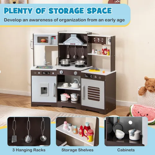 Vista 4 de Costzon Juego de cocina esquinera para niños, juego de cocina de juguete de madera con campana extractora de luces y sonidos, máquina de hielo