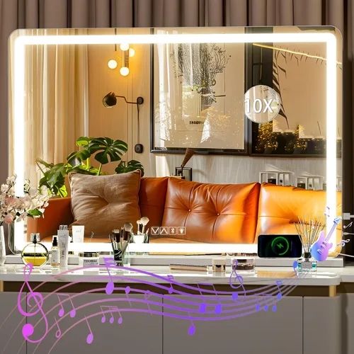 Vista 12 de Hasipu Espejo de tocador con luces, espejo LED de maquillaje de 31.5 x 22 pulgadas, espejo de maquillaje iluminado con 3 modos regulables, espejo