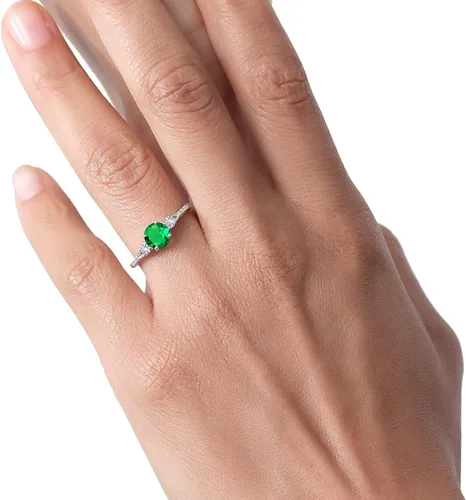 Vista 5 de Gem Stone King Anillo de compromiso de 3 piedras de oro blanco esmeralda simulada de zafiro y diamante de imitación para mujer