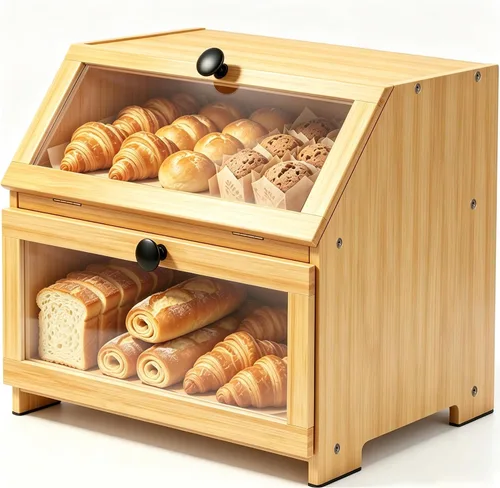 Vista 9 de Panera de bambú para encimera de cocina, contenedor grande de almacenamiento de pan recipiente portapanes de 2 capas para encimera de cocina Natural