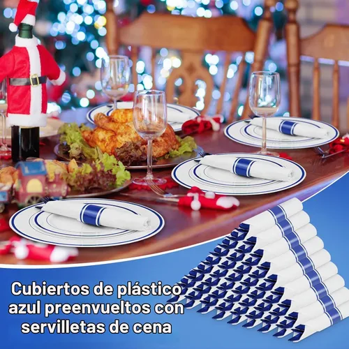 Vista 6 de Paquete de 100 cubiertos de plástico preenrollados azules, cubiertos enrollados azules con servilletas, juego de cubiertos de plástico preenrollados