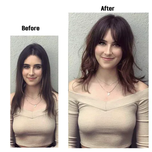 Vista 7 de Peluca de cabello humano rizado tipo tupé para mujer con flequillo lateral/flecos que añaden volumen al cabello, base de seda de 5 x 5 pulgadas