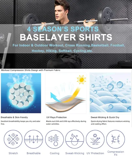 Vista 6 de Camiseta de compresión para hombre, manga larga, atlética, entrenamiento, camiseta deportiva activa, capa base, camiseta de ajuste seco